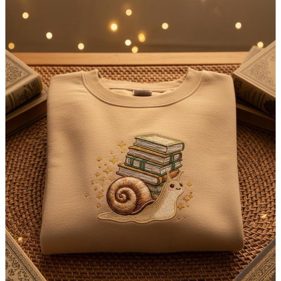 Snail Book Stack Embroidered Sweatshirt, Cozy Reading Lover Shirt, Cute Bookworm Aesthetic Beige Sweater