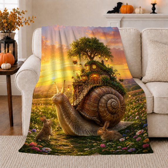 Snail Cottage in Flower Meadow at Sunset, Whimsical Fantasy Garden Motif for Cottagecore Fans, Housewarming Gift, Soft Flannel Blanket for Bedroom and Sunroom, Magical Home Decor