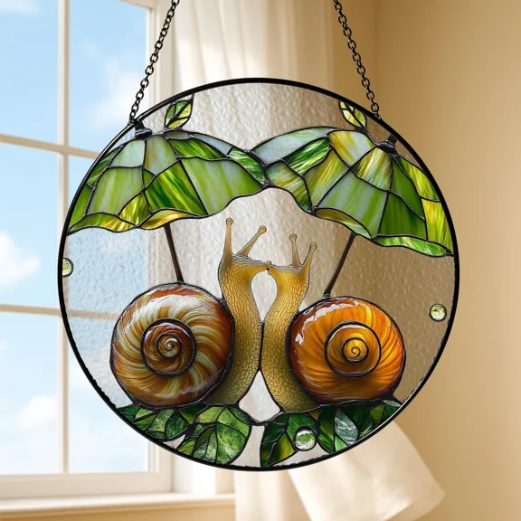 Snail Couple Stained Glass Suncatcher Window Hanging Rain Cute Garden