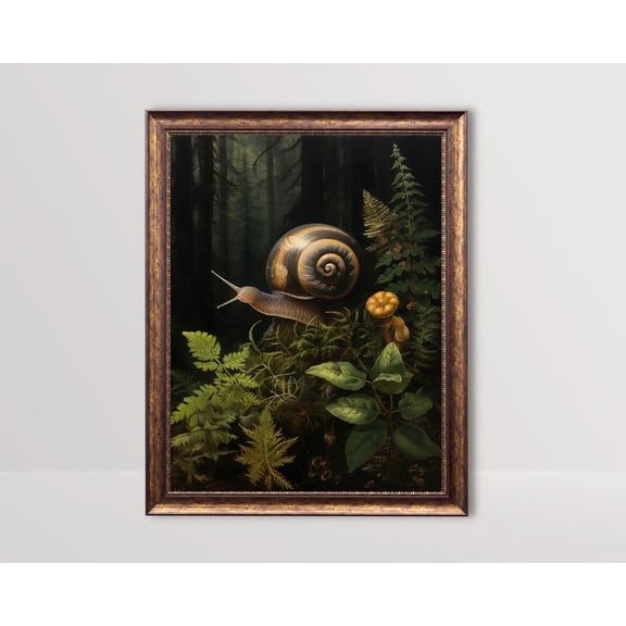 Snail, Dark Cottagecore Print, Green Academia Wall Art, Botanical Moody Vintage,Goblincore , Woodland Fairycore Aesthetic Poster, Unframed Poster Size 24x36