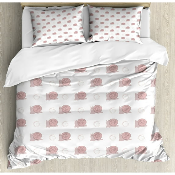 Snail Duvet Cover Sets, Crawling Motifs Shelled Animal Along Spirals Girly Joyful Repetitive, Bedding Set with 2 Duvet Covers & 4 Pillowcases, 2 Pack Cal King Size, Pale Pink Rose White, by Ambesonne