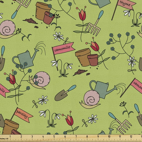 Ambesonne Snail Fabric by the Yard Upholstery, Garden Associated Elements, 1 Yard, Green and Multicolor