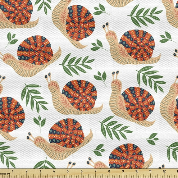 Ambesonne Snail Fabric by the Yard Upholstery, Ethnic Drawn Mollusks Leaves, 10 Yards, Multicolor