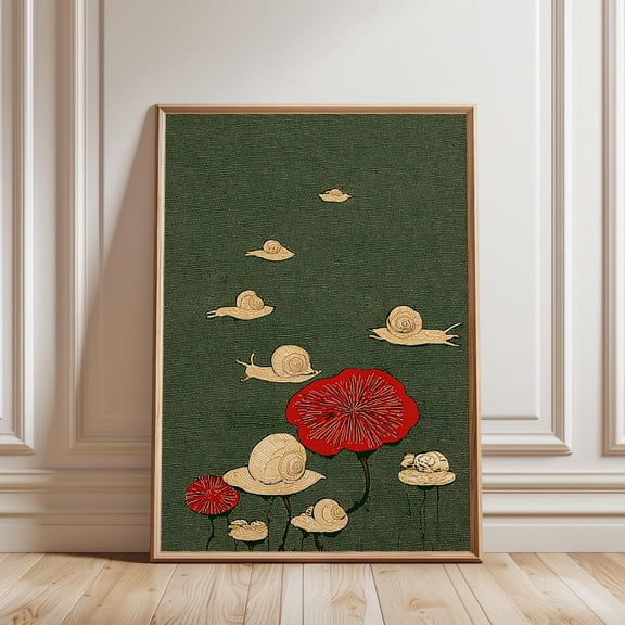 Snail Garden Poster, Art Nouveau Floral Print, Green & Red Wall Art, Neutral Decor, Stylish Artwork, Printable Art, Decorative Artwork For Contemporary Home Bedroom, Unframed Poster 8X10