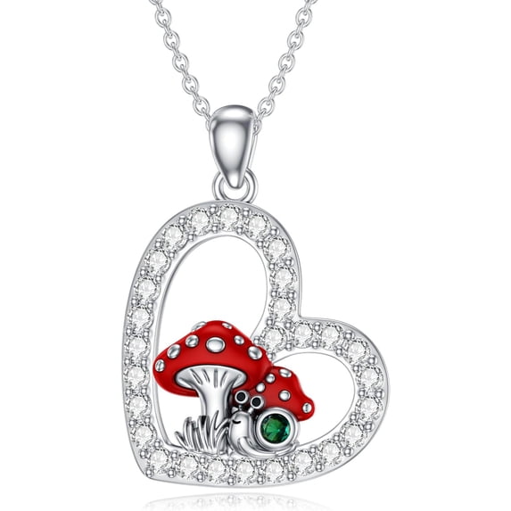 Snail Mushroom Necklace for Women, 925 Sterling Silver Red Mushroom necklace with Heart May Birthstone Snail Mushroom Pendant Anniversary Birthday Christamas Gifts for Women/Mom/Wife