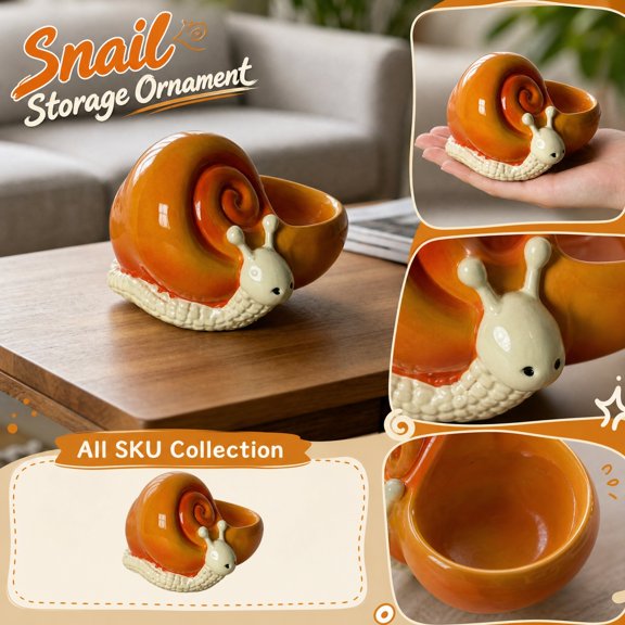 Snail Sculpture Desktop Storage Decor, Ceramic Trinket Dish, Christmas Gift, Birthday Gift, 6X6X6 Inch Orange and Cream Design, Smooth Texture Small Jewelry Storage for Table and
