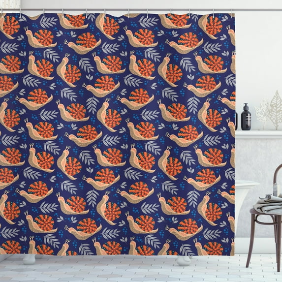 Snail Shower Curtain, Leaves and Snails on an Indigo Tone Background, Fabric Bathroom Set with Hooks, 69W X 70L Inches, Cobalt Blue Vermilion Peach and Pale Purpleblue, by Ambesonne