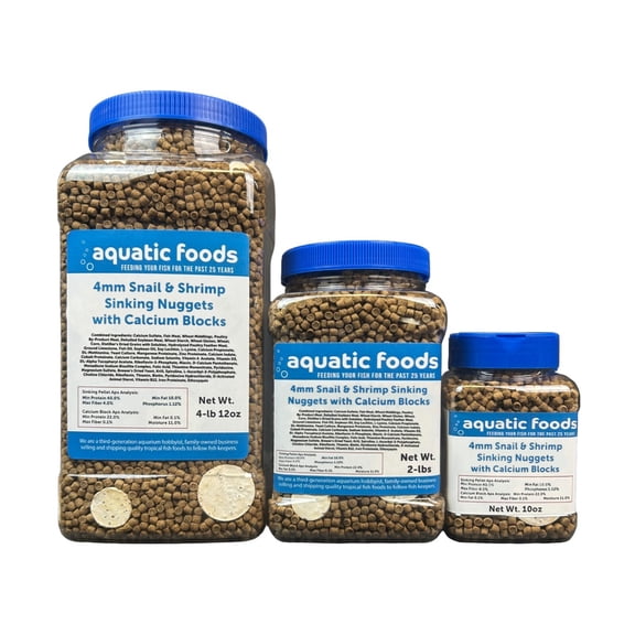 Snail & Shrimp, 4mm-3/16" Sinking 40% Protein Nuggets With Calcium Feeders for Snails, Shrimp, Crabs, All Bottom Tropical Fish 2-lbs Jar
