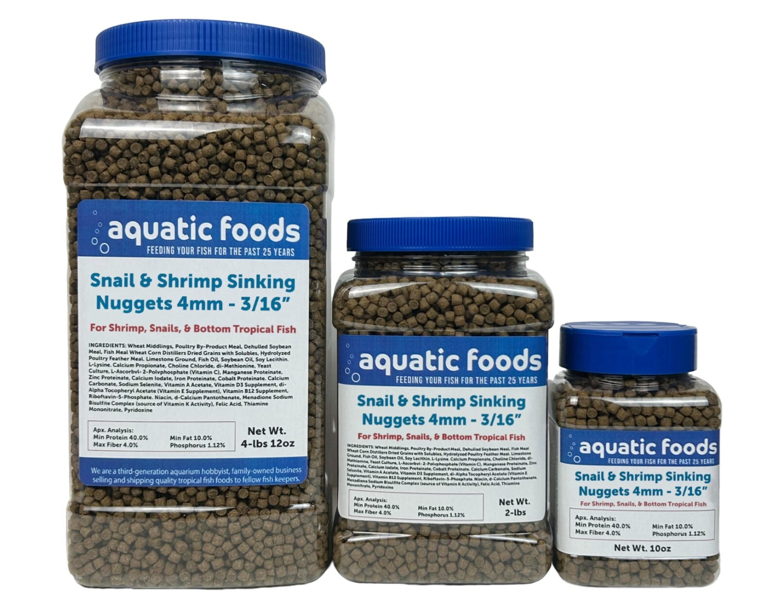Snail & Shrimp 4mm-3/16" Sinking 40% Protein Nuggets for Snails, Shrimp, Axolotl, Salamanders, All Bottom Tropical Fish 4-lbs 12oz Jar