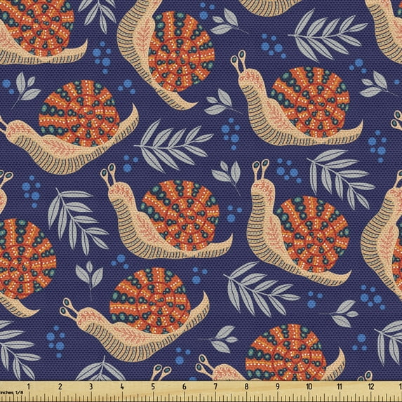 Snail Sofa Upholstery Fabric by the Yard, Leaves and Snails on an Indigo Tone Background, Decorative Fabric for DIY and Home Accents, Indigo Burnt Sienna by Ambesonne