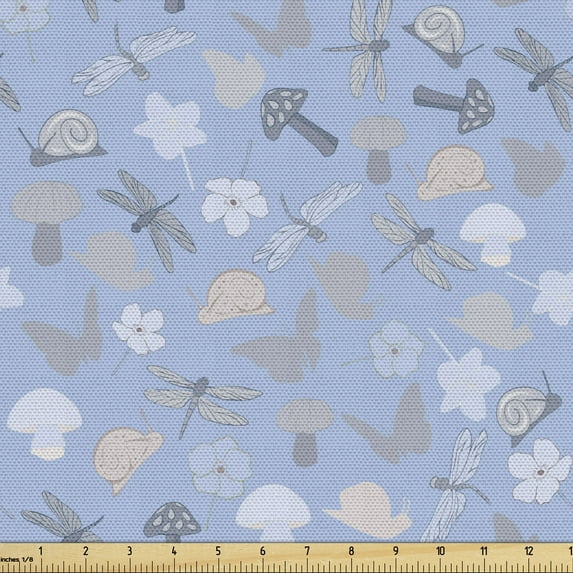 Ambesonne Pastel Fabric by the Yard Upholstery, Woodland Flowers and Animals, 5 Yards, Pale Ceil Blue Multicolor