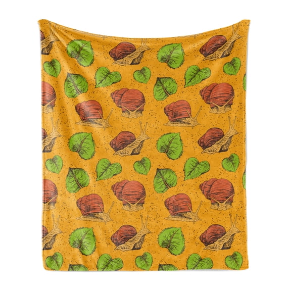 Snail Soft Flannel Fleece Throw Blanket, Autumn Season Theme Along Terrestrial Mollusks and Leaves Fall Nature, Cozy Plush for Indoor and Outdoor Use, 60" x 80", Marigold Rust and Green, by Ambesonne