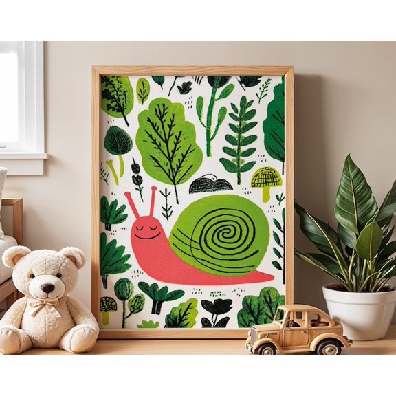 Snail Whimsical Forest Animal Cute Green Wall Art Print, Unframed Paper Poster 16x20in