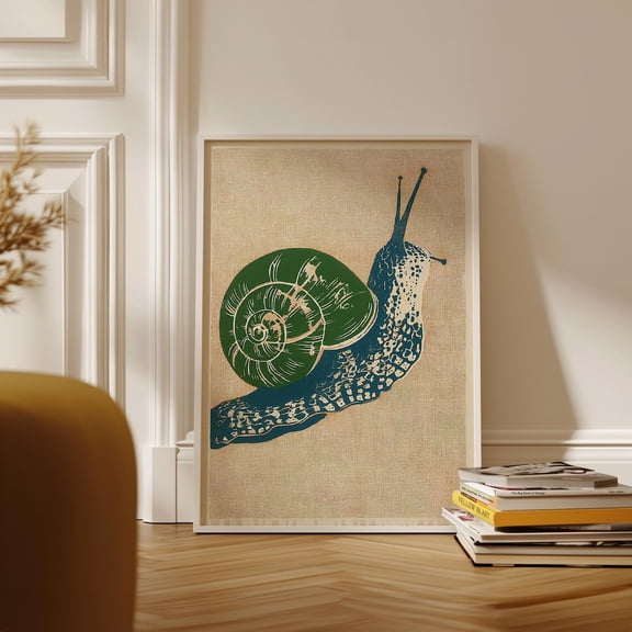 Snail Woodcut Style Green and Rust Tones Nature Illustration Wall Art, Stretched Canvas 8x10in
