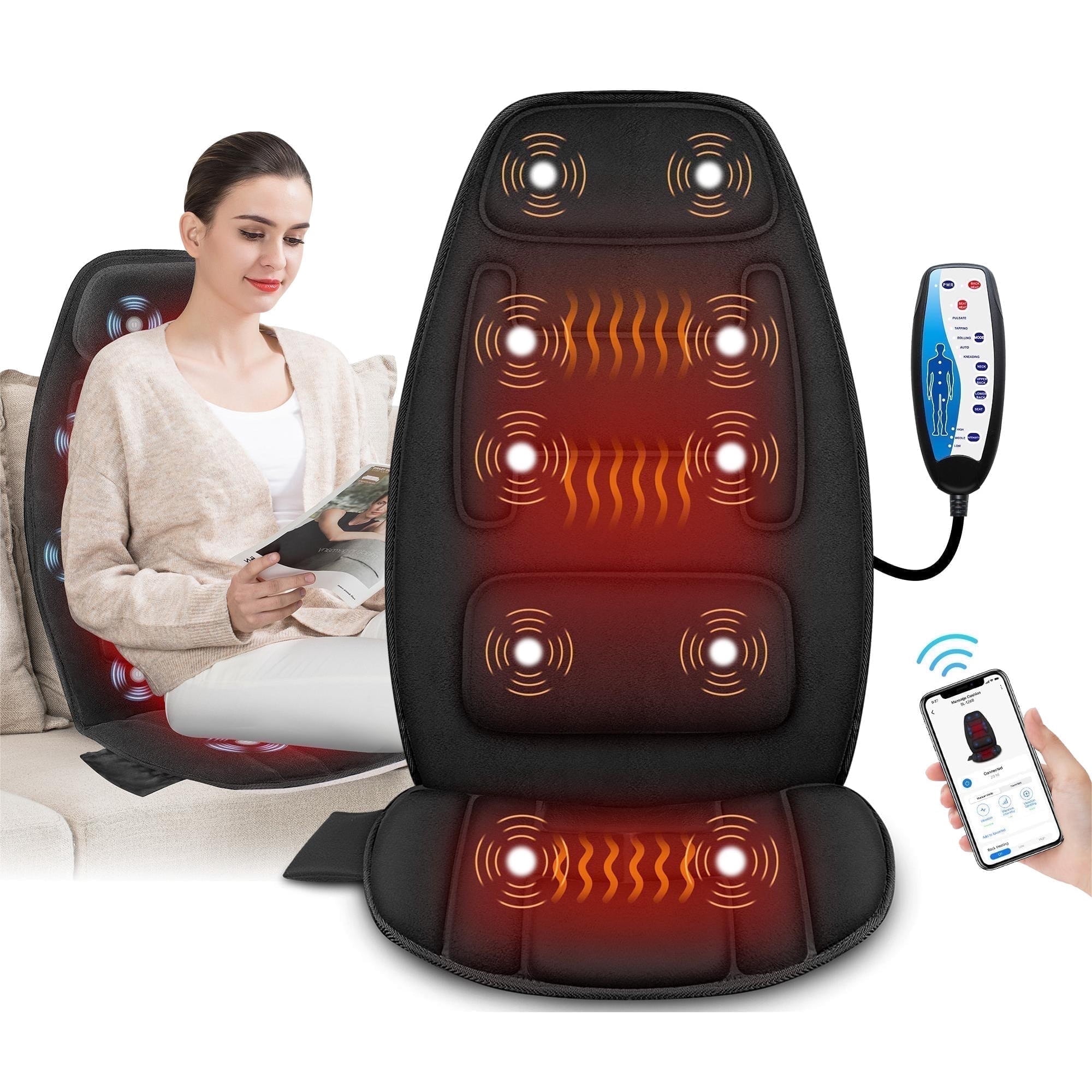 Snailax Vibrate Seat Massage Cushion, Back Massager with Heat for Pain Relief, Massage Mat with APP Control