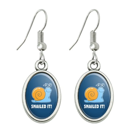 Snailed It Snail Nailed Funny Humor Novelty Dangling Drop Oval Charm Earrings