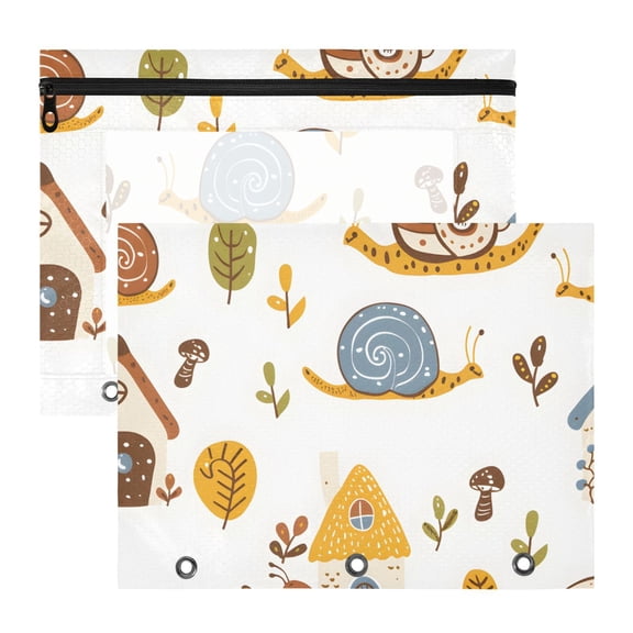 Snails Houses Trees Cartoon 3-Ring Binder Pouches A4 Size Zipper Pocket File Storage 2 Packs