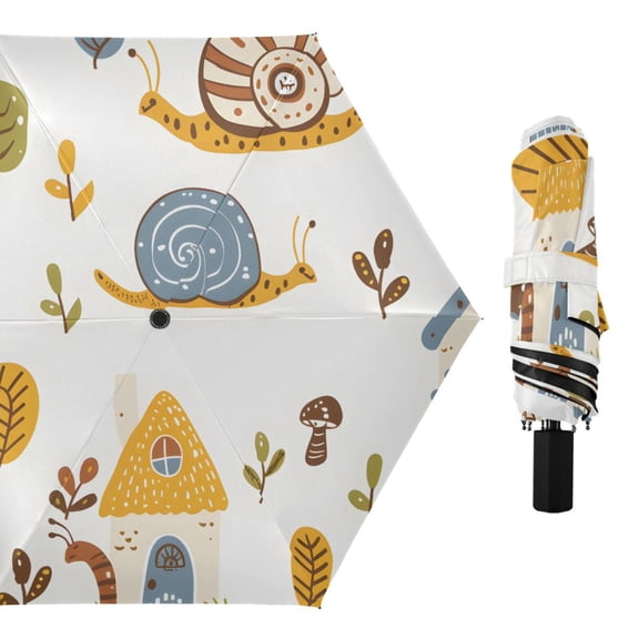 Snails Houses Trees Cartoon All Weather Umbrella Triple Folding Parasol 6 Ribs UV Protection Portable