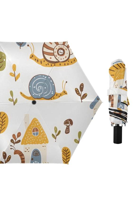 Snails Houses Trees Cartoon All Weather Umbrella Triple Folding Parasol 6 Ribs UV Protection Portable