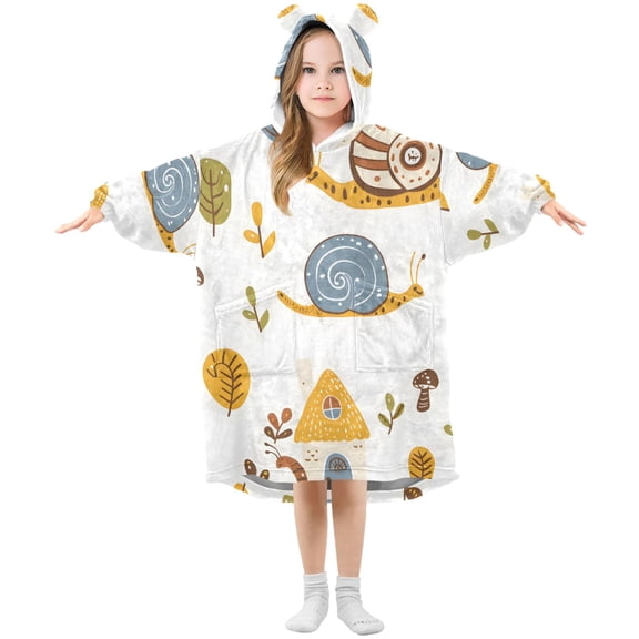 Snails Houses Trees Cartoon Flannel Wearable Blankets Hooded Design Long Sleeves Wrap Unisex for 3T-14Y S