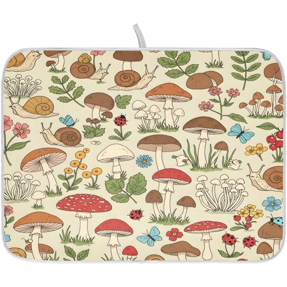 Snails and Mushrooms Plants Dish Drying Mat for Kitchen Counter Absorbent Microfiber Large Drying Pad Dish mats for Kitchen Countertops 18 x 24 Inch