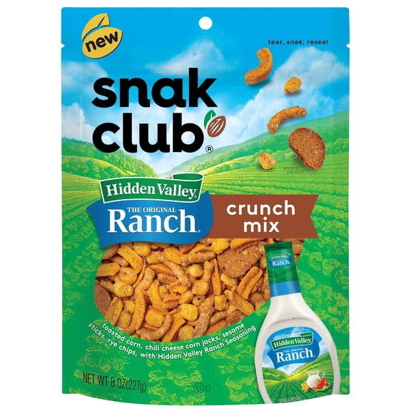Snak Club Crunch Mix with HYZ01 Hidden Valley Ranch Seasoning, Toasted Corn Nuggets, Chili Cheese Corn Jacks, Sesame Sticks & Rye Chips, Family Size, 8 Ounce