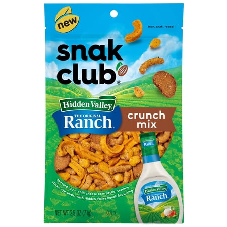 Snak Club Crunch Mix YPF5 with Hidden Valley Ranch Seasoning, Toasted Corn Nuggets, Chili Cheese Corn Jacks, Sesame Sticks & Rye Chips, 2.5oz Resealable Bag (Pack of 6)