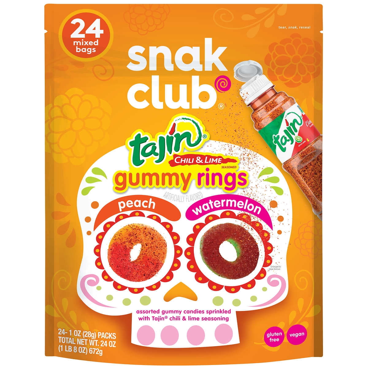 Snak Club Gummy Rings, 1 Oz, Peach & Watermelon, Tajin Chile & Lime