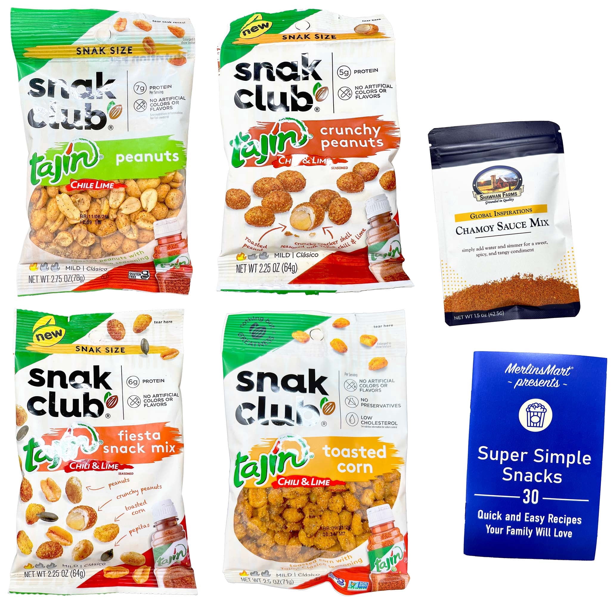 Snak Club Tajin Seasoned Nuts & Snacks Variety 4-Pack | Peanuts, Crunchy Peanuts, Fiesta Snack Mix & Toasted Corn | MerlinsMart Zine & Shawhan Farms Chamoy Sauce Mix