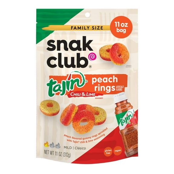 Snak Club Peach Rings, BCF26 Tajin Chili & Lime Seasoned, Sweet and Spicy Gummy Candy, Mild in Heat Bold in Flavor, Low-Fat, Vegan, Gluten-Free Snack, Family Size, 11 Ounce