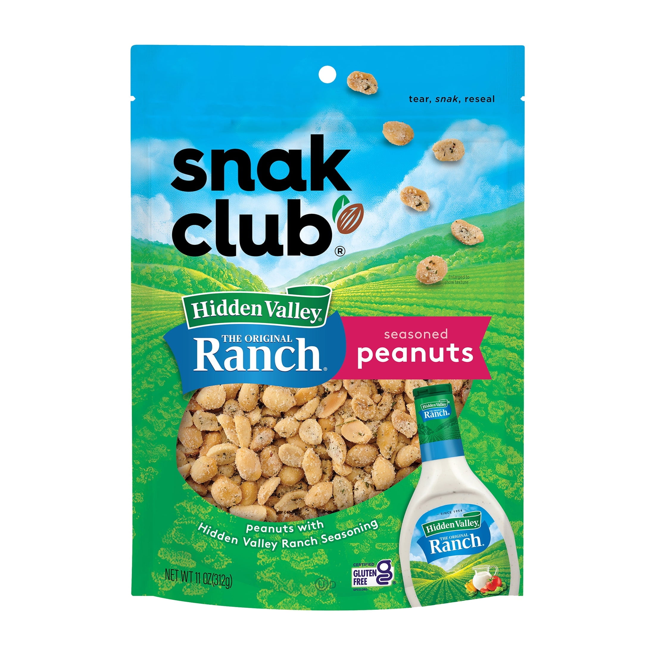 Snak Club Peanuts with Hidden Valley Ranch Seasoning, Roasted Nuts, Gluten-Free and Kosher Snack, 11 oz Resealable Bag