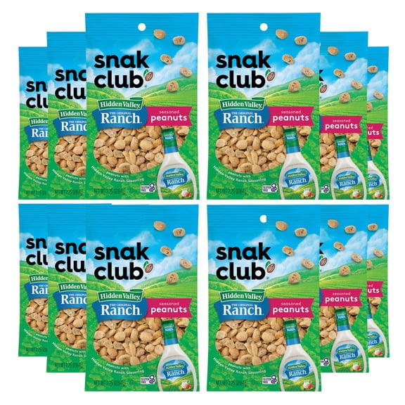 Snak Club Peanuts with Hidden Valley Ranch Seasoning, Roasted Nuts, Gluten-Free and Kosher Snack, 2.25 oz Snack Bags, 12 Pack VT2