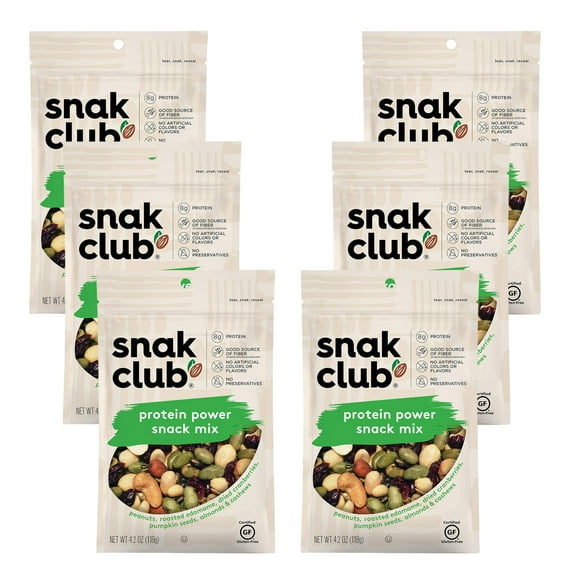 Snak Club Protein Power BDF32 Snack Mix with Roasted Edamame, Dried Cranberries, Pumpkin Seeds, Almonds, and Cashews, Gluten-Free and Kosher Trail Mix Snacks, 4.2 oz Resealable Bags, 6 Pack
