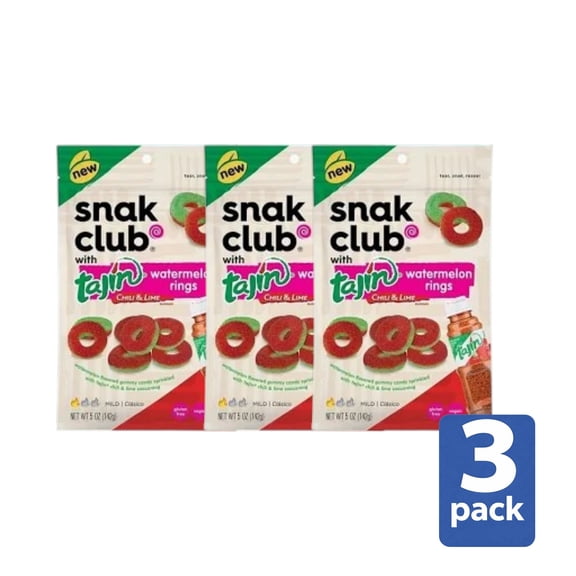 Snak Club Tajn Watermelon Rings Candy, 3 Pack (5 oz Bags), Chili & Lime Gummy Candy, Sweet & Spicy Snack