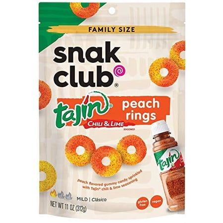 Snak Club Tajin Chili and Lime Seasoned Candy Peach Rings, 11 ounce Family Size bag