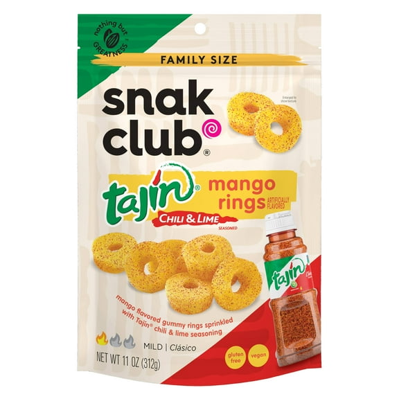 Snak Club Tajin Mango ESF27 Rings Gummy Candy, Fruit Candy Gummies with Chili and Lime Seasoning, Mild, Gluten-Free and Vegan Snacks, 11 oz Resealable Bag