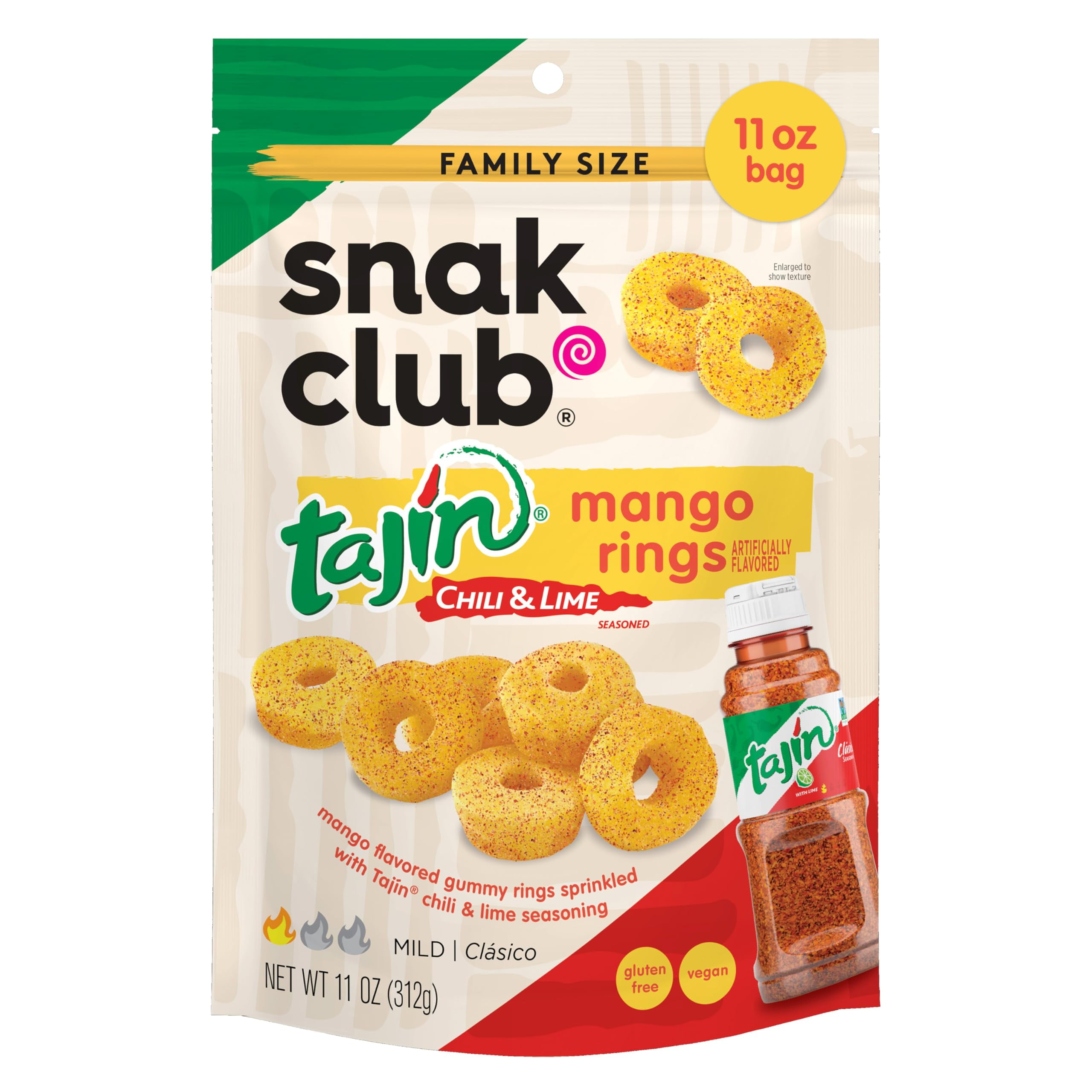 Snak Club Tajin Mango MFF30 Rings Gummy Candy, Fruit Candy Gummies with Chili and Lime Seasoning, Mild, Gluten-Free and Vegan Snacks, 11 oz Resealable Bag