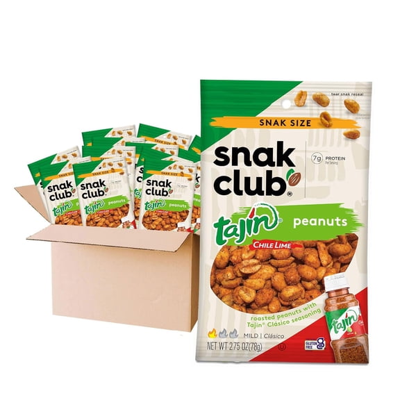 Snak Club Tajin Peanuts, Roasted Nuts with Chili and Lime Seasoning, Mild, 2.75 oz Snack Bags, 12 Pack VT2