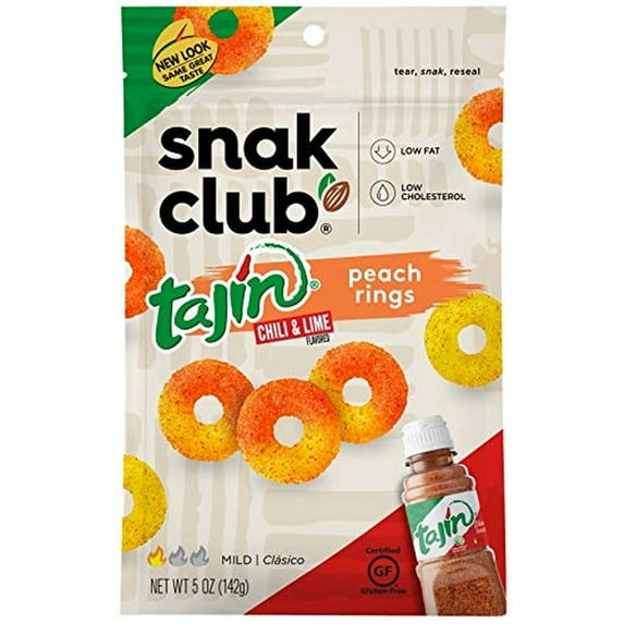 Snak Club Tajin Seasoned Candy Peach Rings Resealable 5 ounce Bag (Pack of 20)