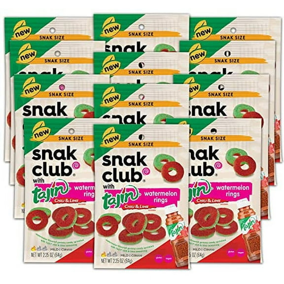Snak Club Tajin Watermelon Rings, Chili & Lime Gummy Snacks, Mild in Heat Bold in Flavor, Gluten-Free Snack, 2.25oz,(Pack of 12)