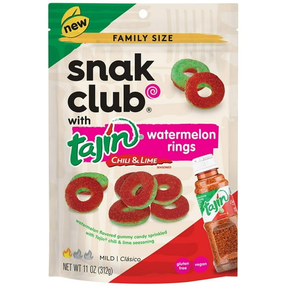 Snak Club Watermelon Rings, HHA1Tajin Chili & Lime Seasoned, Sweet and Spicy Gummy Candy, Mild in Heat Bold in Flavor, Low-Fat, Vegan, Gluten-Free Snack, Family Size, 11 Ounce