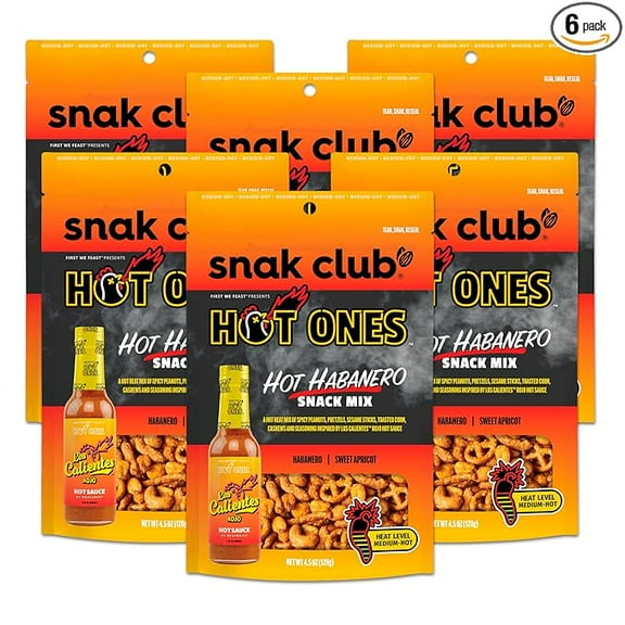 Snak Club x Hot Ones Hot Habanero Snack Mix, Spicy Snacks with Peanuts, Pretzels, Sesame Sticks, Toasted Corn & Cashews, Inspired by Hot Ones Hot Sauce, 4.5 oz Resealable Bag (6 Count)
