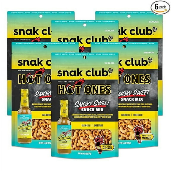 Snak Club x Hot Ones Smoky Sweet Snack Mix, Spicy Snacks with Peanuts, Pretzels, Sesame Sticks, Toasted Corn & Cashews, Inspired by Hot Ones Hot Sauce, 4.5 oz Resealable Bag (6 Count)