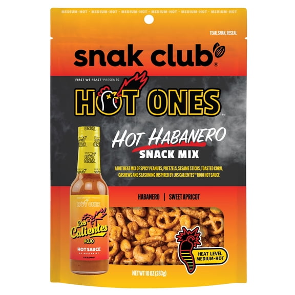 Snak Club x Hot Ones Snack Mix, Hot Habanero, Spicy Snacks with Peanuts, Pretzels, Sesame Sticks, Toasted Corn, Cashews, Inspired by Hot Ones, Vegan Snack, 10 oz Resealable Bag