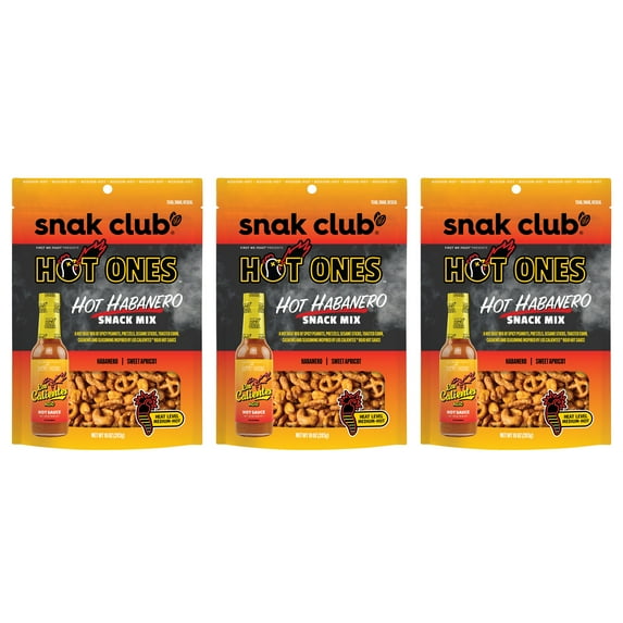Snak Club x Hot Ones Snack Mix, Hot Habanero, Spicy Snacks with Peanuts, Pretzels, Sesame Sticks, Toasted Corn, Cashews, Inspired by Hot Ones, Vegan Snack, 10 oz Resealable Bags, 3 Pack