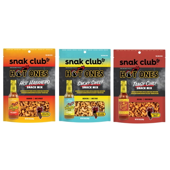 Snak Club x Hot Ones Snack Mix, Hot Habanero, Sweet Smoky, and Tangy Chili, Spicy Snacks with Peanuts, Pretzels, Sesame Stick