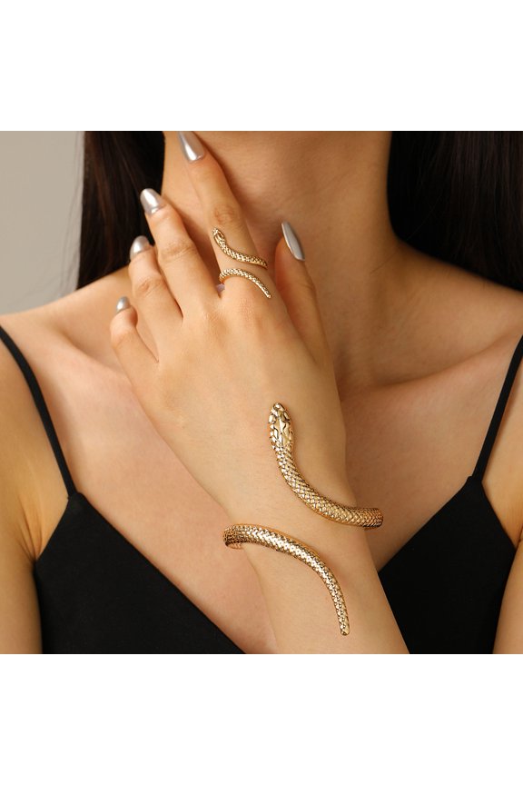 Snake Alloy Cuff Bangles & Cuff Rings sets Golden Inner Diameter: 65mm