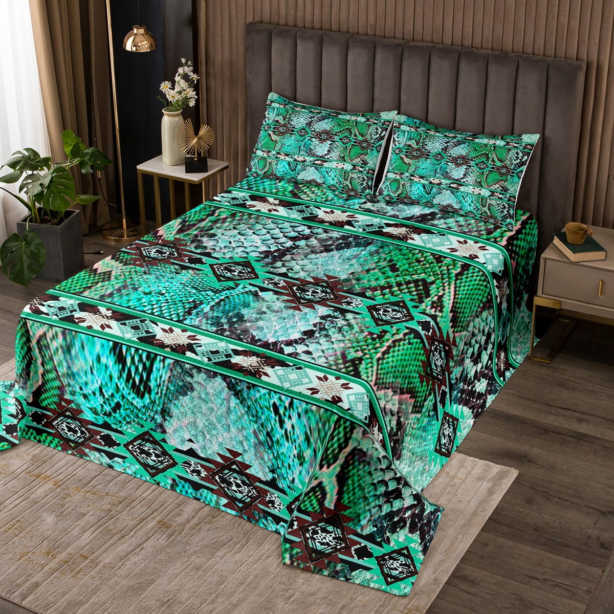 Snake Bedspread Set Green Snake Hide Quilt Set Exotic Tribal Arrow
