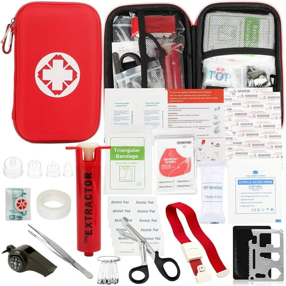 Snake Bite Kit, Bee Sting Emergency First Aid Supplies, Venom Extractor Suction Pump, and for Hiking, Backpacking Camping. Includes Bonus CPR face Shield (Red)