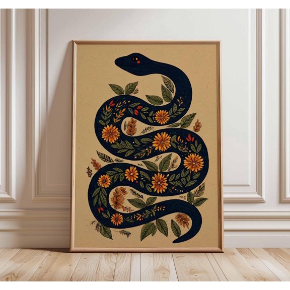 Snake Botanical Animal Mystical Serpent Nature Dark Boho Floral, Unframed Paper Poster 8x10in